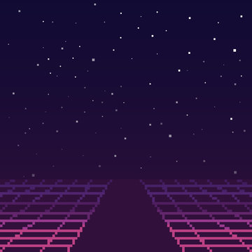 Vector Pixel Art Of 80s Retro Sci-Fi Background. Synthwave, Vaporwave, Retrowave. Pixel Art Background. 8bit