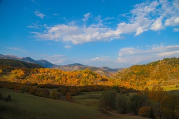 Colorful autumn landscape in the mountain village. 