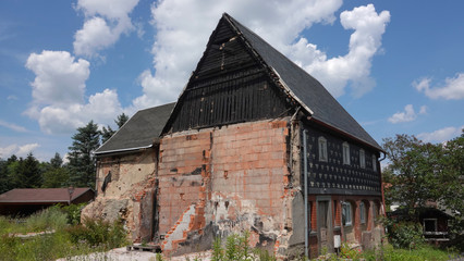 Traditional half-timbered house in Upper Lusatia badly damaged by fire 