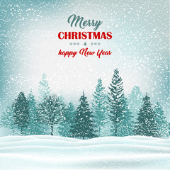 Winter forest holiday outdoor scene. Christmas greeting card with text.