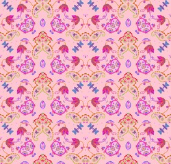 Beautiful floral ornament on pink background. Print for fabric and textile.