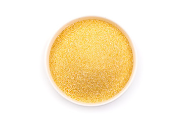 Corn flour in the bowl, isolated on white background