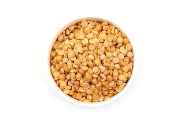 Dry peas in the bowl, isolated on white background