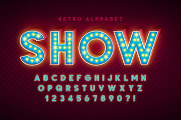 Retro cinema font design, cabaret, LED lamps letters