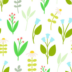 Fototapeta na wymiar Beautiful floral texture with different hand drawn Flowers and Leaves. Summer Floral field - vector seamless pattern in Ditsy style.