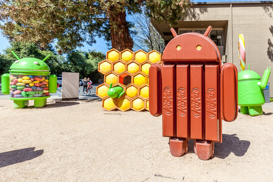 Mountain View, California, USA - March 28, 2018: Android kitkat statue at Google Visitor Center Beta. Android is a mobile operating system developed by Google. 