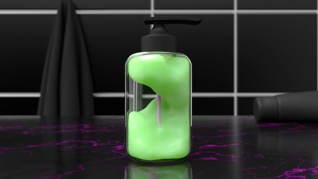 3d design of cosmetic bottle with dispenser in the bathroom. Cgi of weightless/antigravity cosmetic product inside of the plastic/glass container. Beauty black style trend for soap or antiseptic gel.