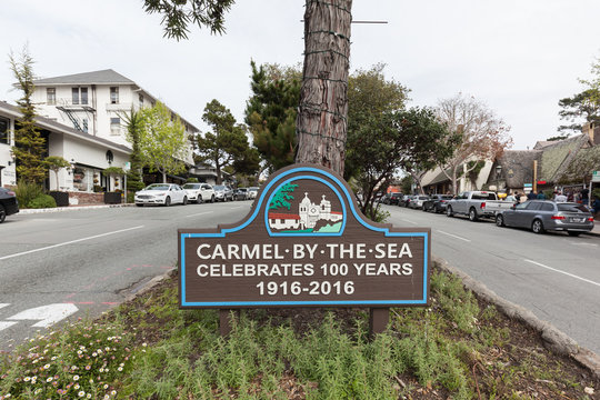 Monterey, California, USA - March 31, 2018: Sign of Carmel by the sea. 
Carmel is a city in Monterey County, California, founded in 1902 and incorporated on October 31, 1916. 