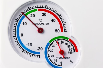Analog hygrometer and thermometer. Round scale. Concept uncomfortable conditions