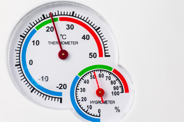Analog hygrometer and thermometer. Round scale. Concept comfortable conditions.