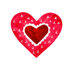 Red heart with white decoration, hand painted watercolor heart, Valentine greeting, Love, Romantic illustration, Saint Valentine illustration