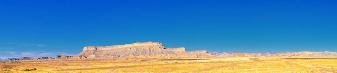 Moab Panorama views of desert mountain ranges along Highway 191 in Utah between Moab and Price in fall. Scenic nature near Canyonlands and Arches  National Park. United States of America. USA.