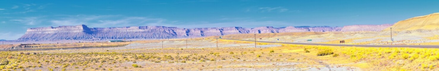 Moab Panorama views of desert mountain ranges along Highway 191 in Utah between Moab and Price in fall. Scenic nature near Canyonlands and Arches  National Park. United States of America. USA.