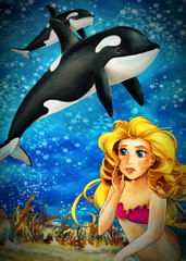 Naklejka premium Cartoon ocean and the mermaid in underwater kingdom swimming with fishes - illustration for children