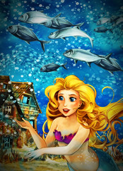 Fototapeta na wymiar Cartoon ocean and the mermaid in underwater kingdom swimming with fishes - illustration for children