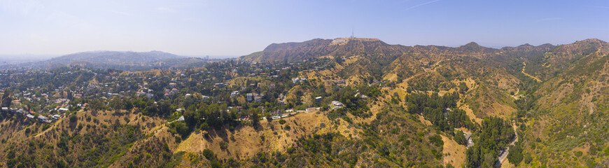The Hollywood Sign panorama aerial view Griffith Park, Mount Lee, Hollywood Hills in Los Angeles,...