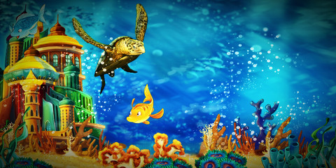 cartoon scene animals swimming on colorful and bright coral reef - illustration for children