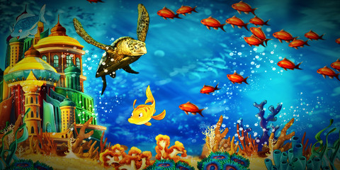 cartoon scene animals swimming on colorful and bright coral reef - illustration for children © honeyflavour