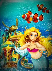 Plakat Cartoon ocean and the mermaid in underwater kingdom swimming with fishes - illustration for children