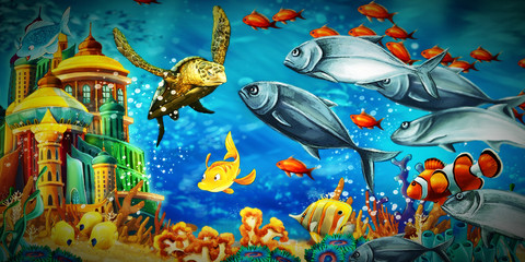Plakat cartoon scene animals swimming on colorful and bright coral reef - illustration for children