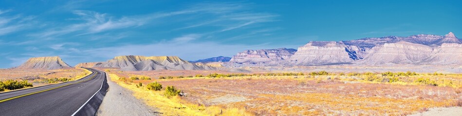Moab Panorama views of desert mountain ranges along Highway 191 in Utah between Moab and Price in fall. Scenic nature near Canyonlands and Arches  National Park. United States of America. USA.