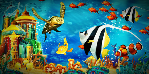 Fototapeta na wymiar cartoon scene animals swimming on colorful and bright coral reef - illustration for children