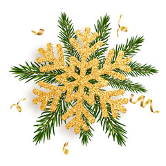 Gold snowflake on pine branches or fir-trees with serpentine. Concept for greeting New Year and Christmas cards, banners, invitations