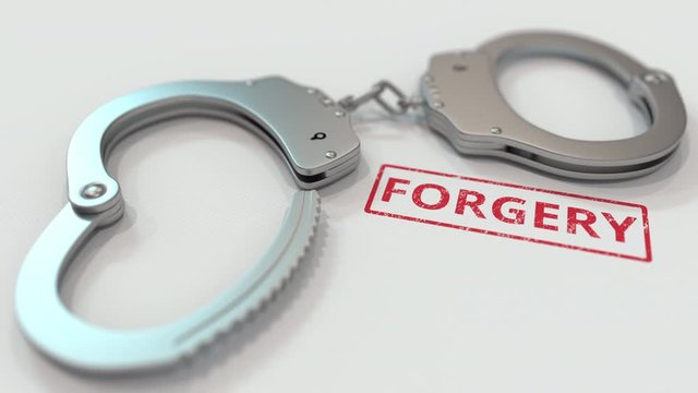 FORGERY stamp and handcuffs. Crime and punishment related conceptual 3D animation