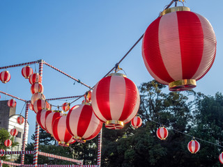 Red and white lanterns hanging on a cable to decorate a park at a festival in Japan
