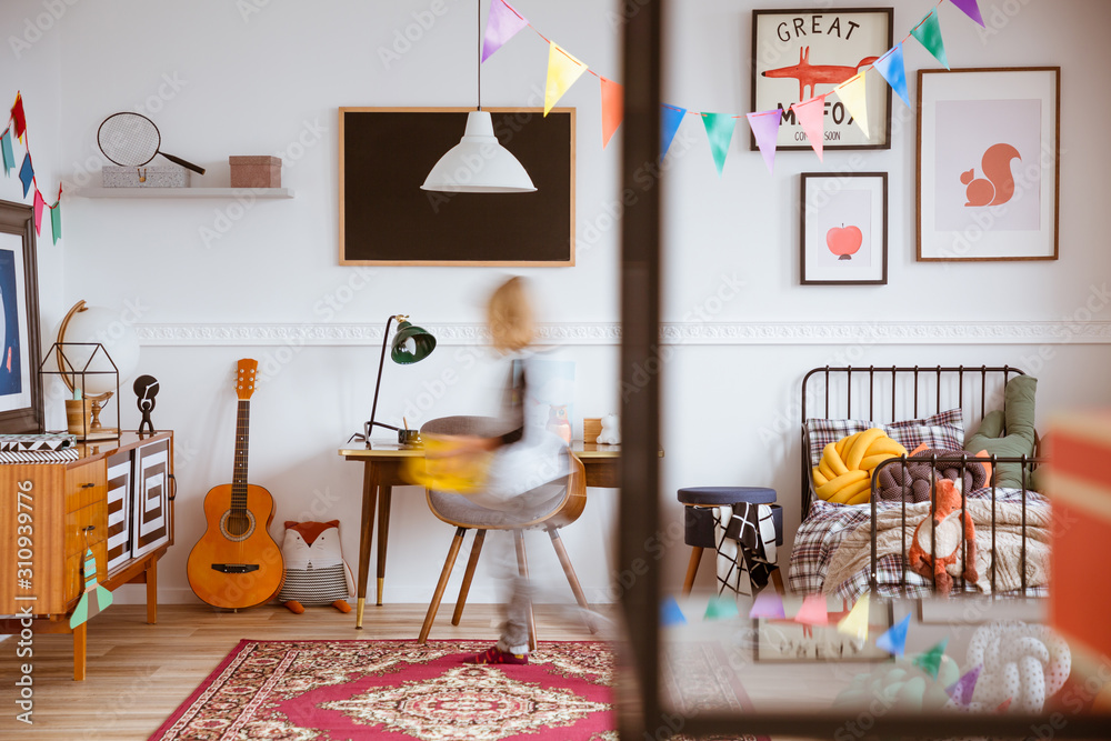 Wall mural Cute vintage style posters on white wall of trendy bedroom for child