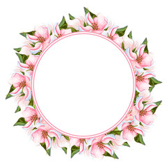 Fototapeta na wymiar Watercolor apple blossoming tree wreath isolated on white. Hand drawn floral frame with flowers, leaves and buds. Perfect for invitations, design and wedding cards.