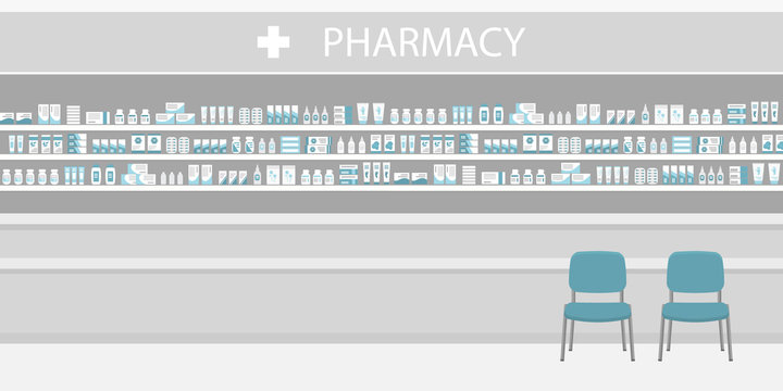 Pharmacy interior in blue and gray colors. There are shelves with medicines and two chairs for visitors in the image. Vector illustration