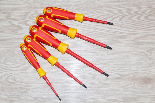 Red and yellow professional electrician screwdrivers set