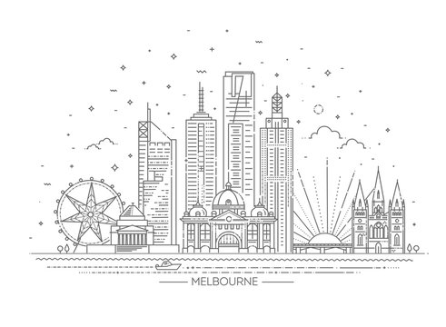 Melbourne Australia City Skyline. Line Skyline Illustration