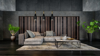 Modern loft living room interior with grey concrete design and cozy couch. 3d Rendering.