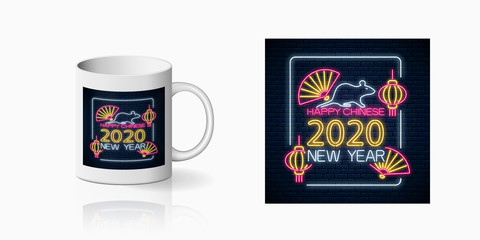 Neon happy Chinese New 2020 Year of white rat sign print for cup design. Chinese New 2020 Year design in neon style