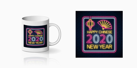 Neon Chinese New 2020 Year of white rat sign print for cup design. Asian New 2020 Year design, banner in neon style