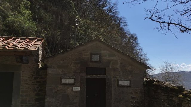 Tilt up 4k Cappella degli Uccelli, Birds Chapel, La Verna, Arezzo, Tuscany, Italy