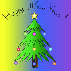 Color illustration christmas tree. Decoration of glass balls. Vector. Multicolor background. Christmas. Happy New Year. Holiday print.