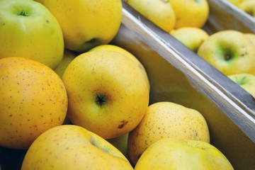 Fresh yellow Chantecler apples at a French farmers market