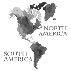 Vector watercolor illustrated world map parts like North and South America painted in black ink color
