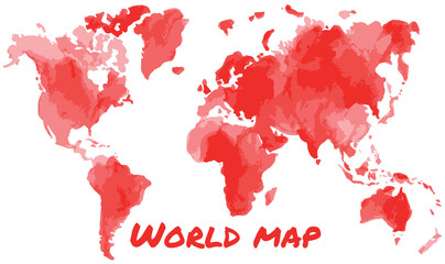 Watercolor illustration of world global map painted in red vector ink