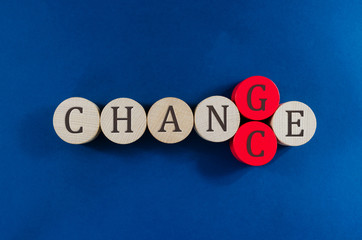 Conceptual image of word Change spelled on wooden circles with second to the last circle replacing...