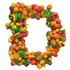 Letter D, fruit font. 3D rendering