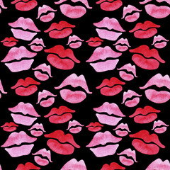 Pattern seamless of lips painted in watercolor on black isolated background. Fashion illustration. Sexy lips design for wallpaper, wrapping, advertising lipstick