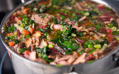 Close up of Home Made Borscht Soup Being Cooked in Stainless Steel Pot