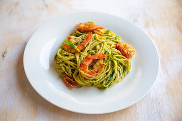 King prawns and pesto sauce with spaghetti
