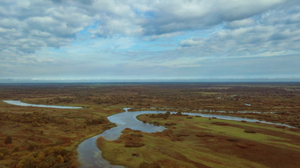 Aerial view of the fields and river Pripyat. Belarus.