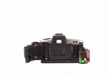 35 mm analog camera on a white background. Film camera.