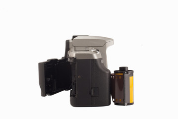 35 mm analog camera on a white background. Film camera.